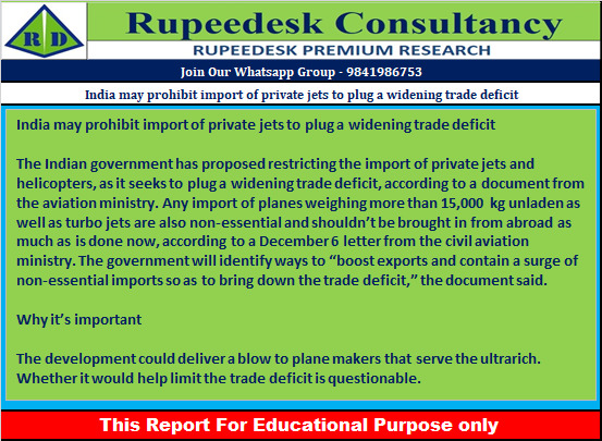 India may prohibit import of private jets to plug a widening trade deficit - Rupeedesk Reports - 08.12.2022