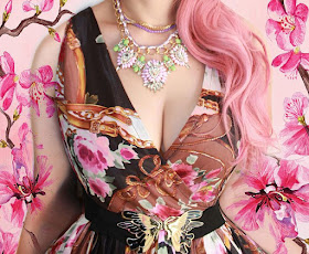 get pastel pink hair, Hermes scarf printed dress, statement necklace, pink hair