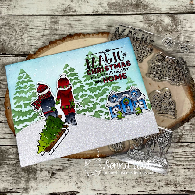 Magic of Christmas Card by Donna Idlet | Holiday Home Stamp Set, Land Borders Die Set and Evergreens Stencil by Newton's Nook Designs #newtonsnook #handmade