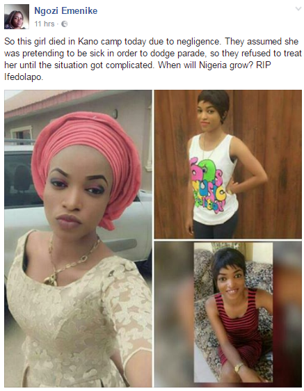 BEAUTIFUL NYSC Corps member allegedly dies in Kano NYSC camp AFTER camp officials Refused her permission to go home(Photo)
