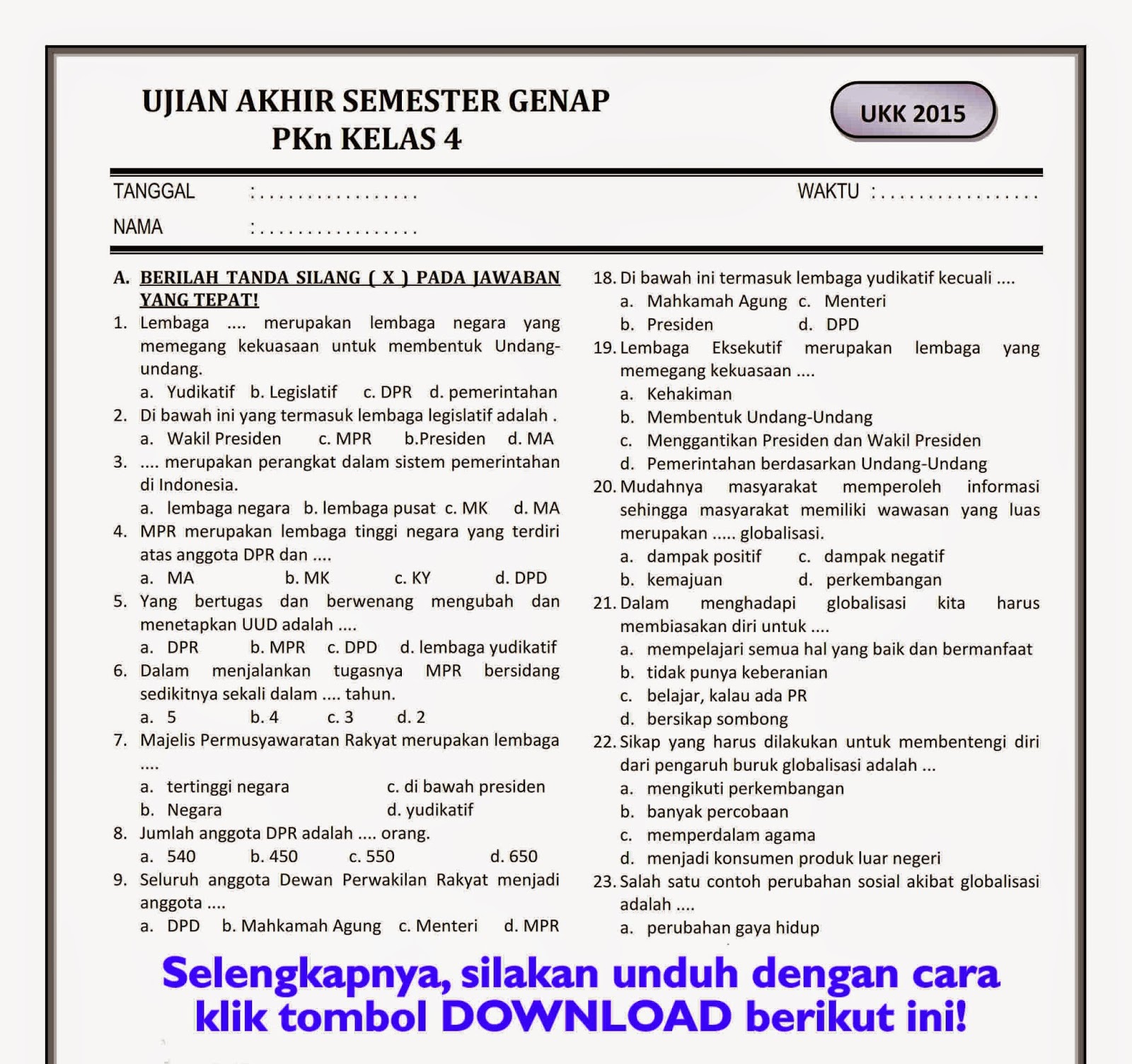 Download Soal UKK PKn Kelas 4 Semester Genap