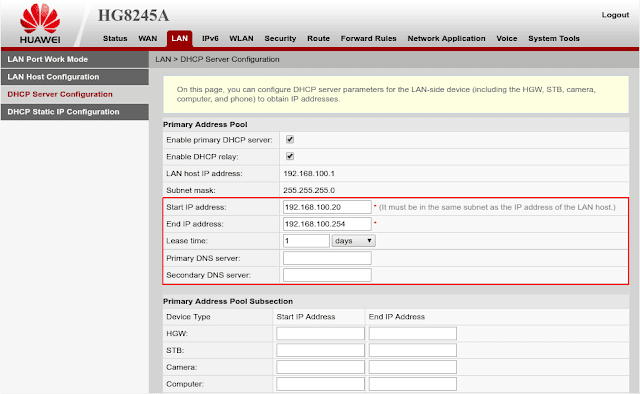 Konfigurasi DHCP Server modem ONT Huawei HG8245A