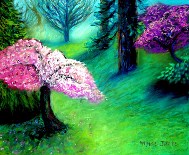 Willow Cherry Blossom In Van Dusen Gardens by Minaz Jantz (Pastel)