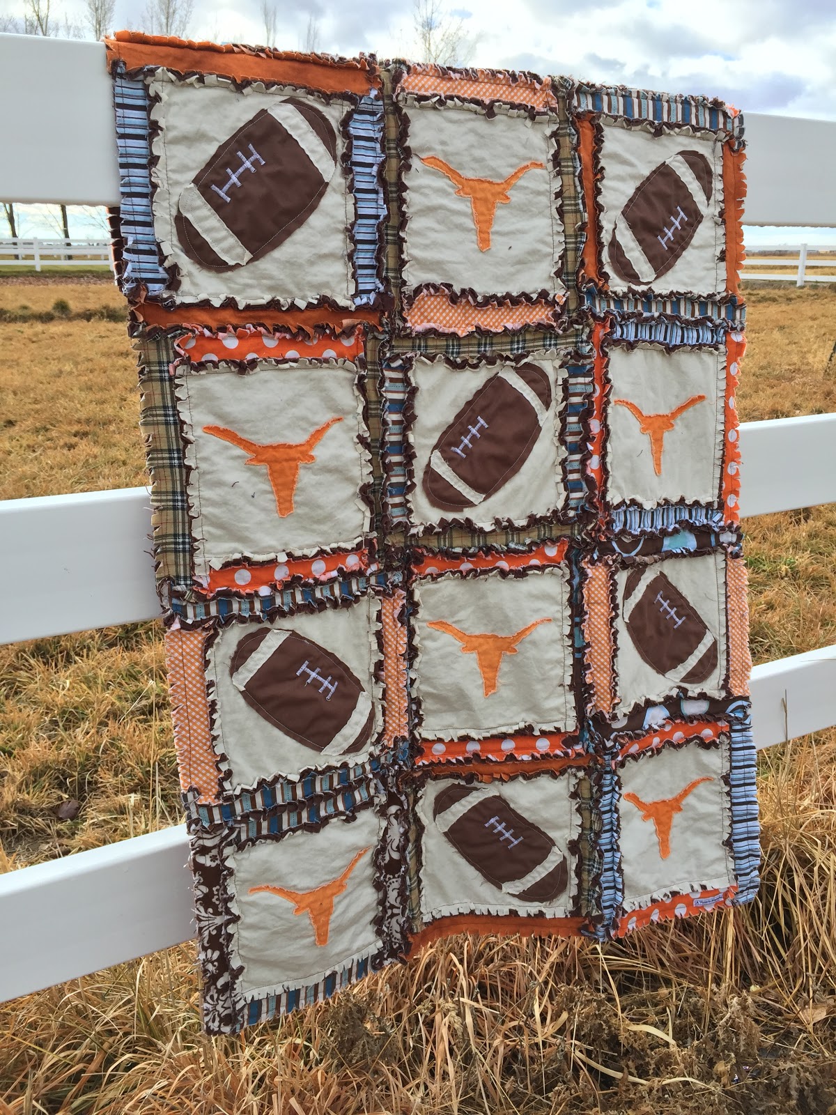 Football Rag Quilt with Longhorn Silhouette Applique toddler quilt