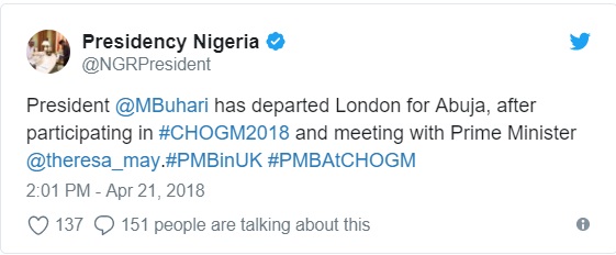 WATCH VIDEO..President Buhari departs London for Abuja after CHOGM 2018