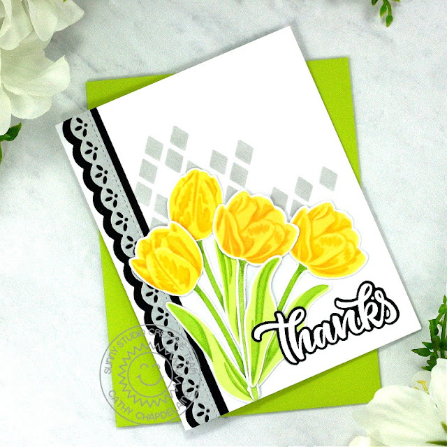 Sunny Studio Stamps: Tranquil Tulips Everyday Card by Cathy Chapdelaine (featuring Ribbon & Lace Border Dies, Big Bold Greetings, Frilly Frame Dies)