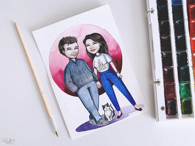 designed by #dushky / #art #illustration #painting #watercolor #portrait #people #couple #cat