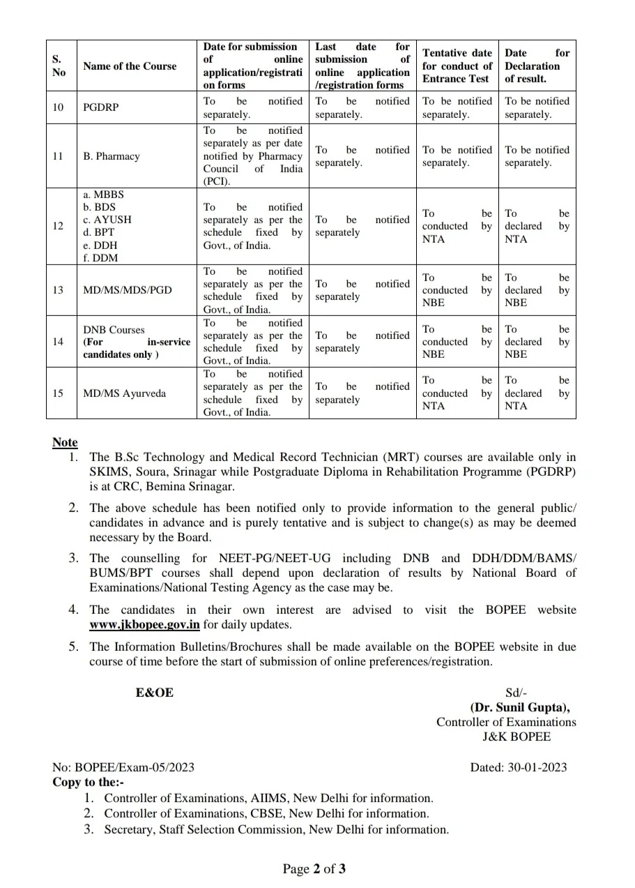JKBOPEE Tentative Schedule for various Entrance Tests / Counsellings to be conducted by J&K BOPEE in 2023