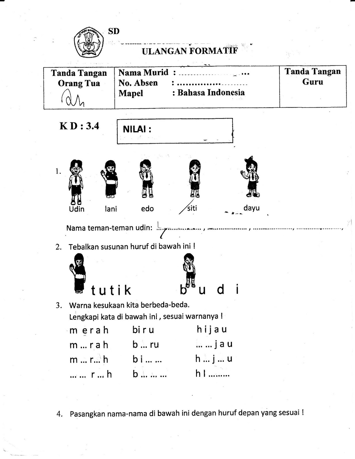 Formatif 1 Bahasa Indonesia SD Kelas 1 Semester Ganjil TA 2015 2016 Kurikulum 2013