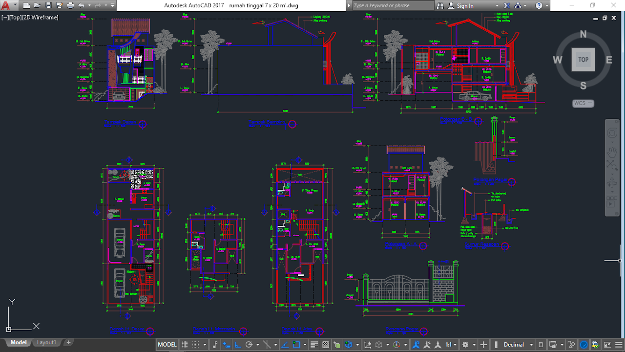 Download Gambar Lengkap Desain Rumah Ukuran 7x20 M Format Autocad DWG