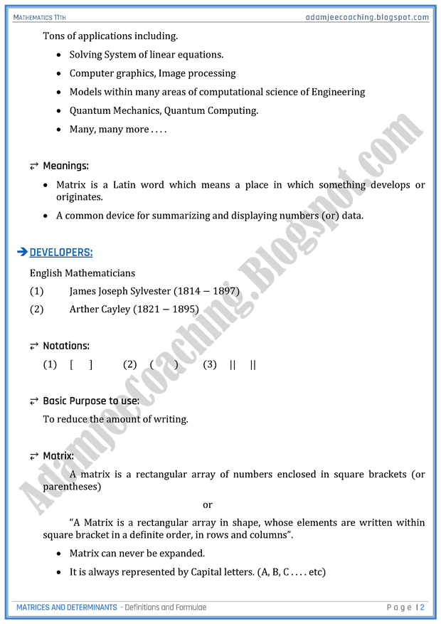 matrices-and-determinants-definitions-and-formulae-mathematics-11th