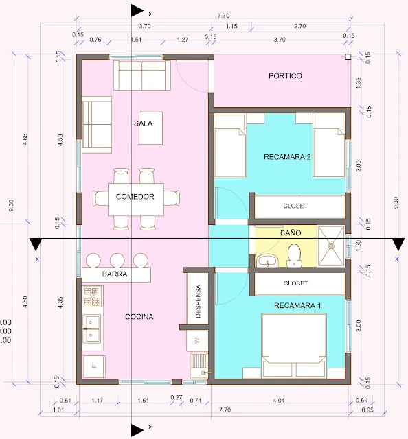 Diseño Arquitectónico de Casa Habitación de un piso de 7.70 x 9.30