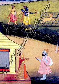 While the cottage unattended, demon-king Ravana advances on Sita, disguised in the saffron robes of an ascetic. 