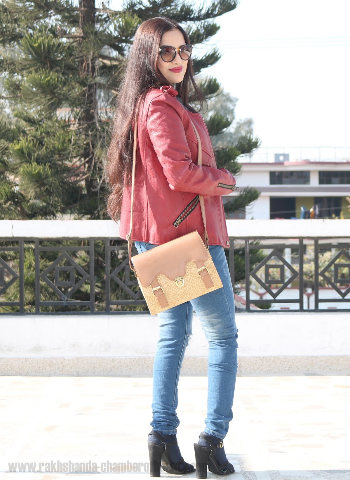 fashion, Front Row Shop, Indian fashion blogger, leather jacket, OOTD, styling a leather jacket, Vero Moda, winter fashion, Chamber Of Beauty, top fashion blog in India, how to style a burgundy leather jacket, ripped jeans