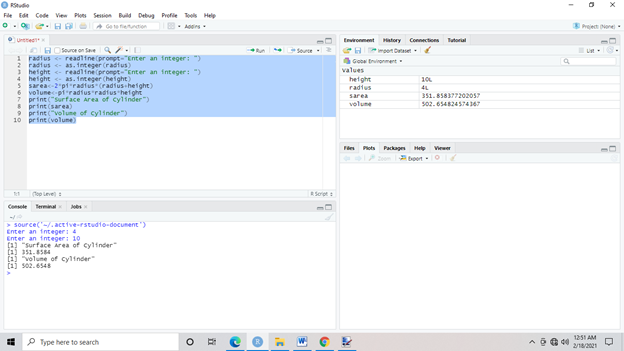 Write a R program to accept dimensions of a cylinder and print the surface area and volume.