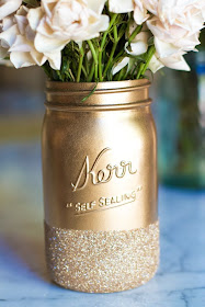 mason jars sprayed with metallic paint and dipped in glitter, d.i.y. ideas for weddings, birthday and event parties