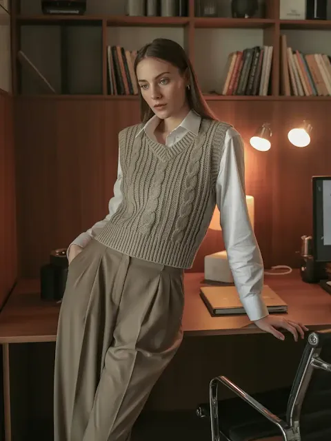 Pleated Trousers + Knit Vest Over a Button-Up