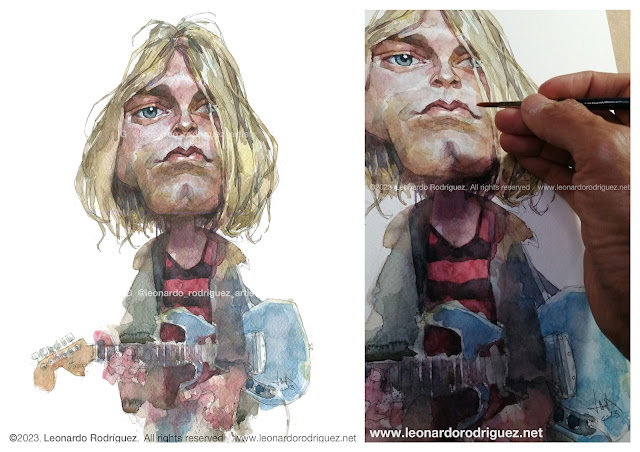 watercolor caricature of kurt Cobain, front view with a serious look holding his blue guitar over a white background