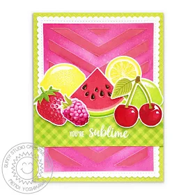 Sunny Studio Stamps: Slice of Summer Watermelon, Lemon Lime, Strawberry, Raspberry & Cherry "You're Sublime" Gingham Card (using Deco Foil Metallix Gel with Frilly Frames Chevron Die)