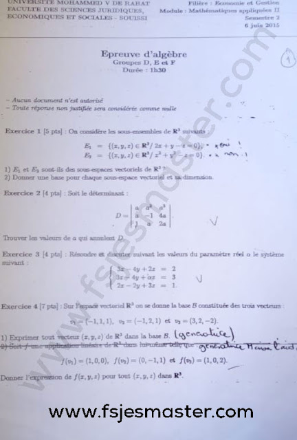 Exemple Examen Licence Epreuve d'Algèbre 2014-2015 - Fsjes Souissi