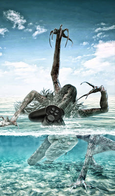 A zombie with extra long claws rises from a body of water.