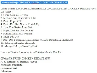 Lowongan Kerja ORGANIK FRIED CHICKEN PEKANBARU