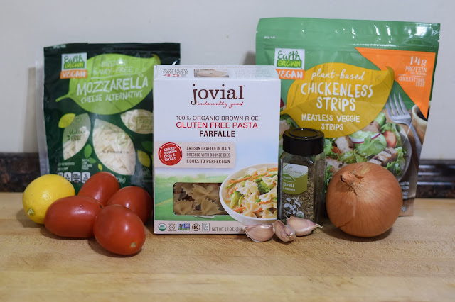 The ingredients needed to make the Vegan Instant Pot Chik'n Bruschetta Pasta Recipe