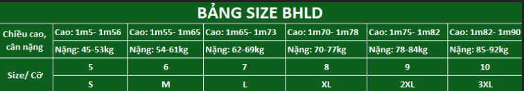 bảng size áo công nhân xây dựng 