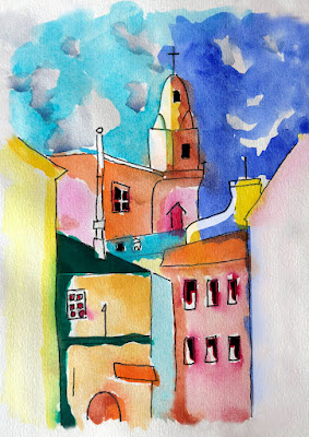 A simple painting of colourful buildings