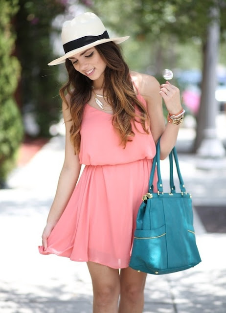 Pink Summer dress and dark mint bag for ladies