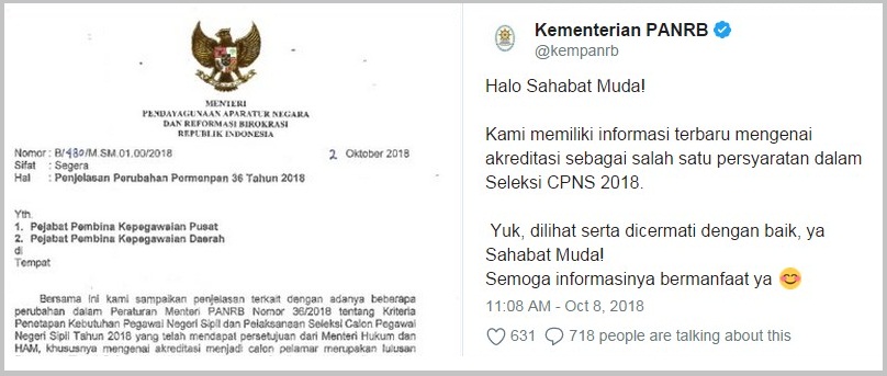 KemenPANRB Merilis Informasi Terbaru Mengenai Akreditasi Sebagai Salah Satu Persyaratan Dalam Seleksi CPNS 2018