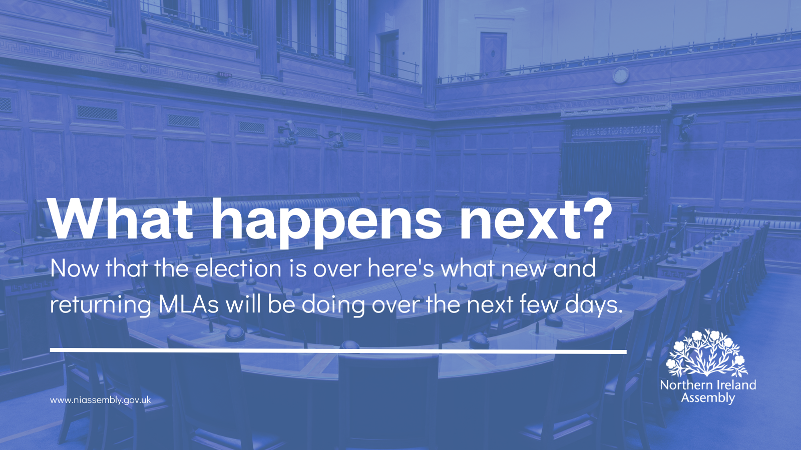 Image of an empty Assembly Chamber with the text "What happens next? Now that the election is over here's what new and returning MLAs will be doing over the next few days."