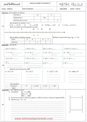 Devoir N° 2 1er semestre maths 1ac 1er année collège pdf