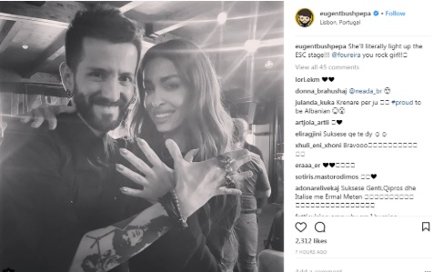 Eugen Bushpepa and Eleni Foureira making the Eagle Symbol