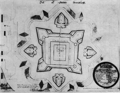 Kuressaare kindluse moderniseerimise projekt (Erik Dahlbergh 1684). Allikas: Kalvi Aluve, "Kuressaare linnus", Tallinn: Valgus 1980, lk 114. Algupärane allikas: Krigsarkivet, Arensburg, Nr 12a.