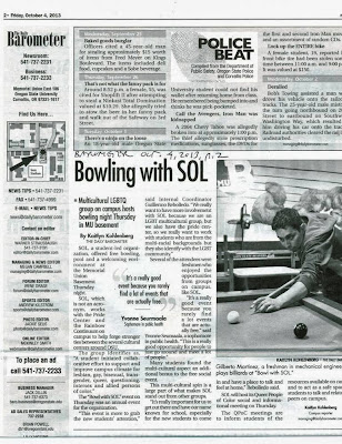 Barometer print layout Police Beat next to Bowling for Sol LGBT Oct. 4, 2013