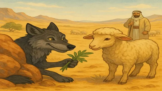 ذئب مكار يحاول خداع نعجة ليأكلها