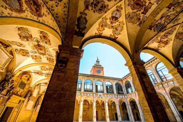 Bologna: Archiginnasio, the first location of Bologna University the oldest in the west countries