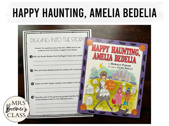 Happy Haunting Amelia Bedelia book activities unit with literacy printables, reading companion activities, and lesson ideas for Halloween in First Grade and Second Grade