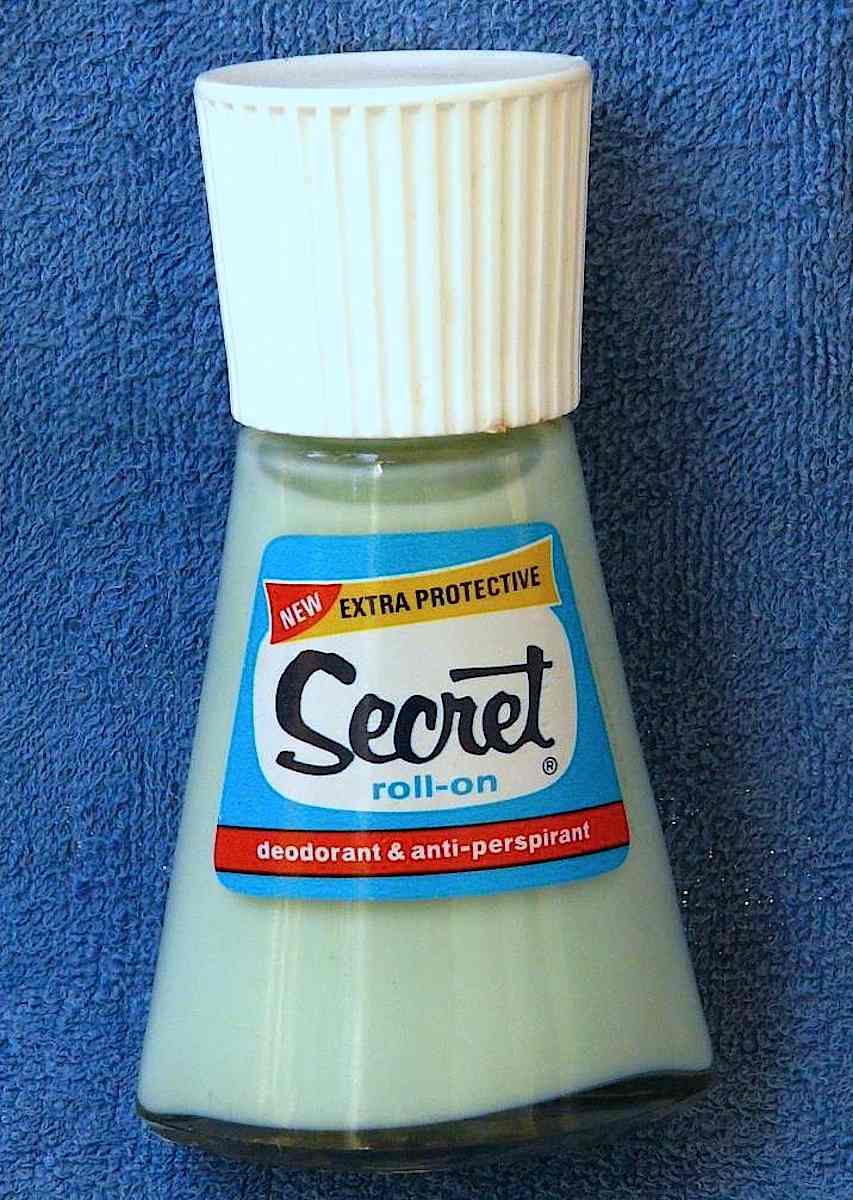 Secret roll-on deodorant & antiperspirant 1960s, a color photograph of a pinched bottle