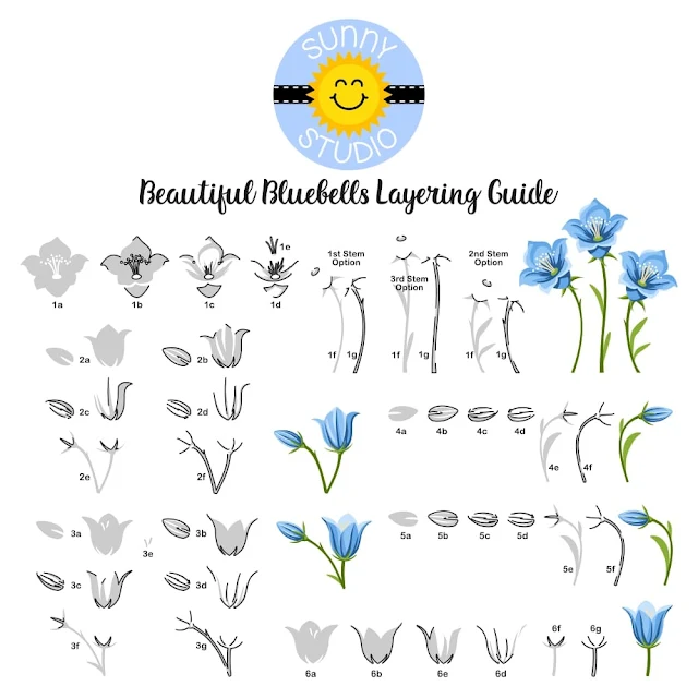 Sunny Studio Beautiful Bluebells Flower Spring Flower & Stems 4x6 Clear Photopolymer Stamp Layering Guide