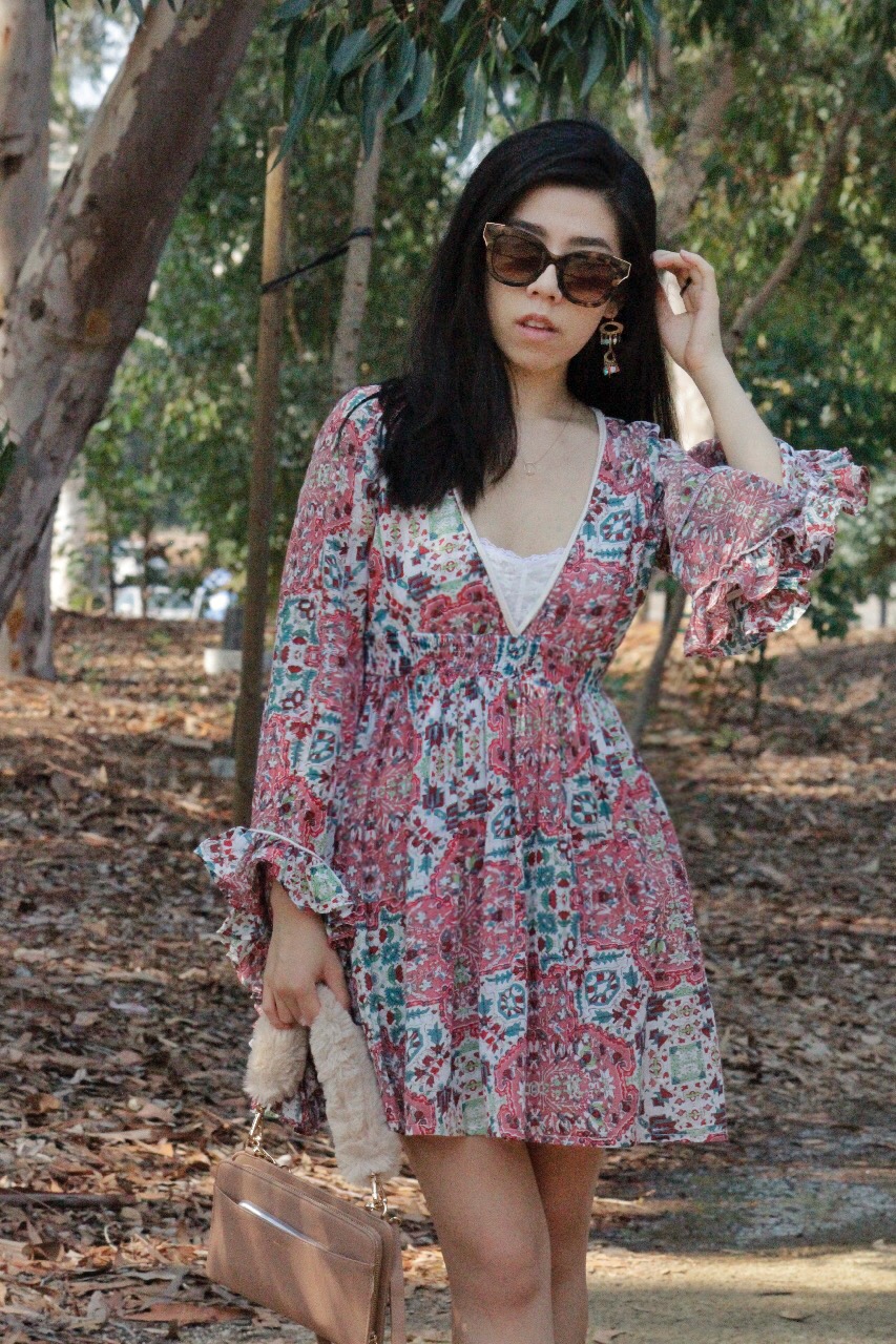 Adrienne Nguyen_Bralette Dress Fashion_Floral Ruffle Asymmetrical Bell Sleeve Dress_Petite Fashion Blogger_Boho Blogger