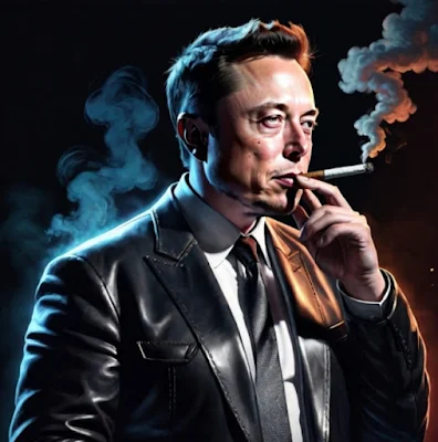 Elon Musk wearing a black leather blazer smoking a cigarette out of a long cigarette holder