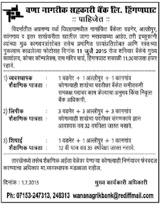 Wana Nagrik Sahakari Bank Recruitment 2015