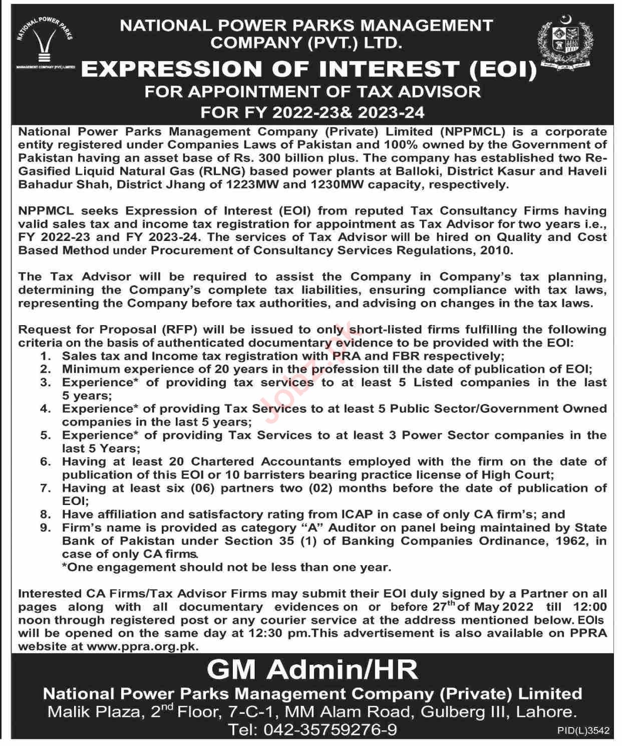 Latest National Power Parks Management Company Pvt Limited Legal Posts Lahore 2022