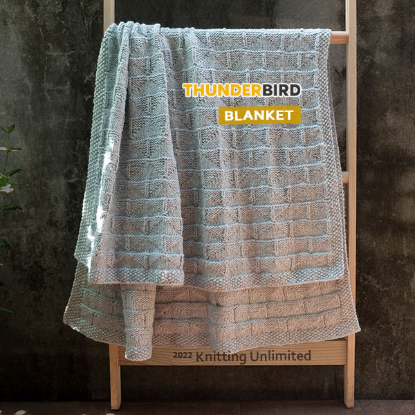 Knitting Unlimited Blanket 28: Thunderbird Blanket. Only Knit Purl. Kartopu Melange Wool yarn, 77% Acrylic 20% Wool 3% Viscone. Size 40”x50”, 6 skeins.