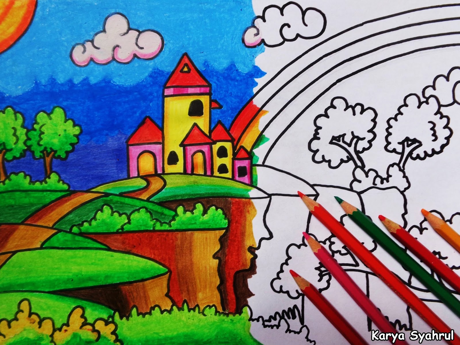 15 Gambar Lukisan Pemandangan Mudah Ditiru Indah Alam