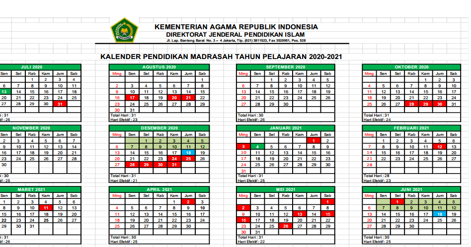  Kalender  Pendidikan  2021 2021  Madrasah Jawa  Timur  Excel 