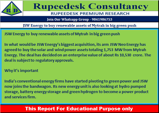 JSW Energy to buy renewable assets of Mytrah in big green push - Rupeedesk Reports - 11.08.2022