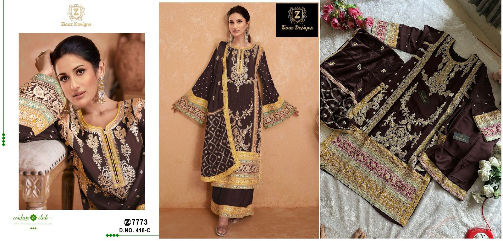 418 Ziaaz Designs Chinon Sequence Work Pakistani Salwar Suits